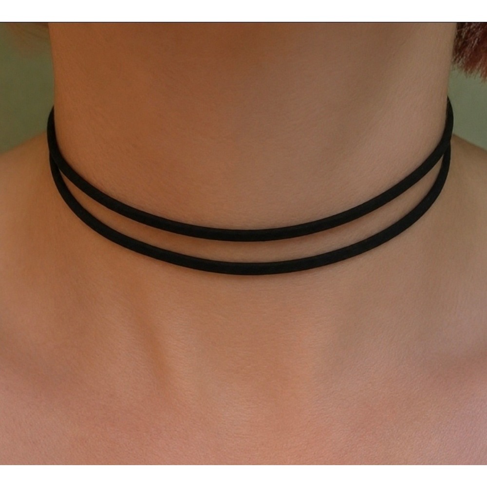 Womens Double Layer Black Choker‎ Necklace Faux Suede Minimalist Adjustable 12in